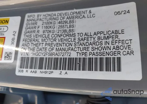 2024 Honda Accord Hybrid Sport из США, поврежденный, VIN 1HGCY2F58RA072772